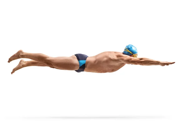 Full Length Profil Záběr Mužského Plavce Čepicí Plavání Izolované Bílém — Stock fotografie