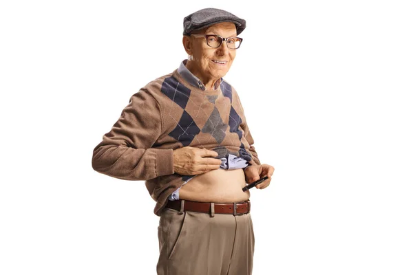 Senior Man Peta Buken Med Insulinpenna Isolerad Vit Bakgrund — Stockfoto