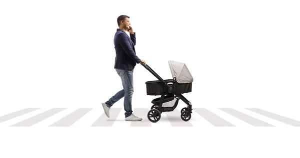 Full Length Profile Shot Father Waith Baby Stroller Walking Typing — Stok fotoğraf