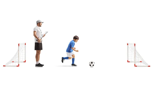 Boy Training Football Coach Isolated White Background — Photo