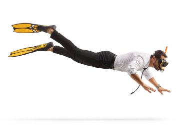 Businessman diving with mask and fins isolated on white background