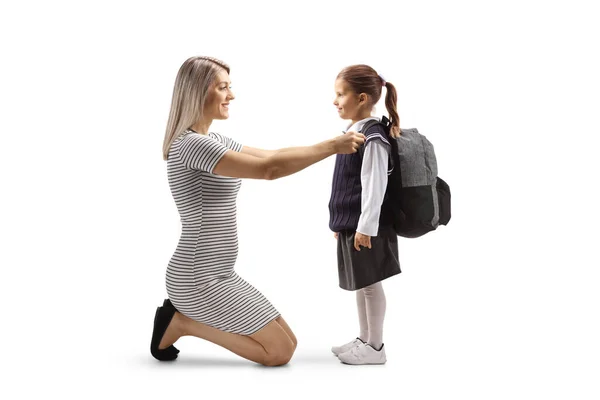 Full Length Profile Shot Mother Helping Daughter Get Ready School — Stok fotoğraf
