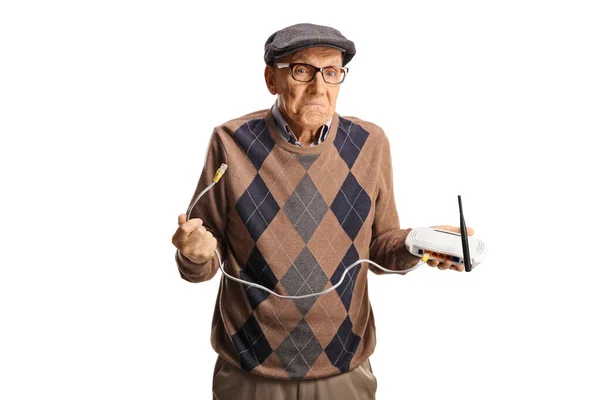 Confused Elderly Man Holding Router Isolated White Background — Fotografia de Stock