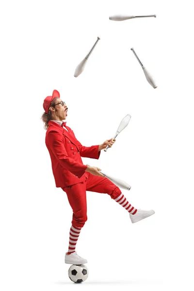 Man Red Suit Standing Football Juggling Isolated White Background — Stock Photo, Image