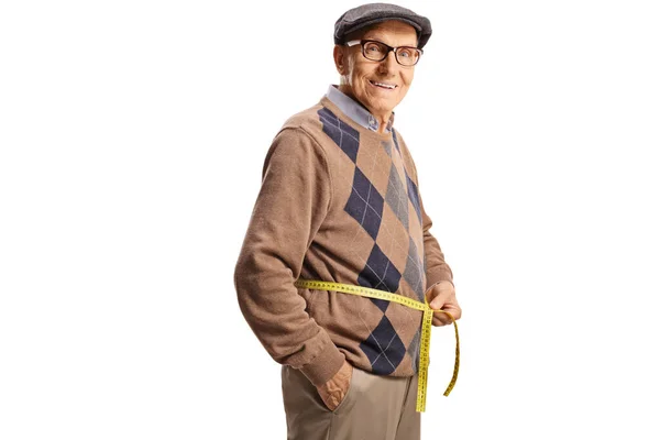Elderly Man Measuring Waist Tape Isolated White Background — Stock Photo, Image