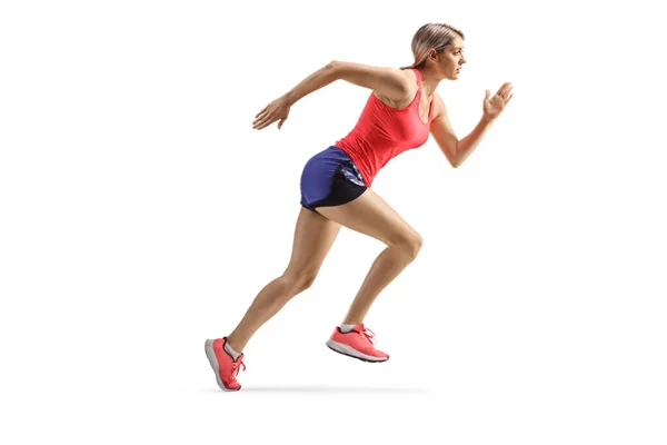Perfil Longitud Completa Una Mujer Corriendo Aislada Sobre Fondo Blanco — Foto de Stock