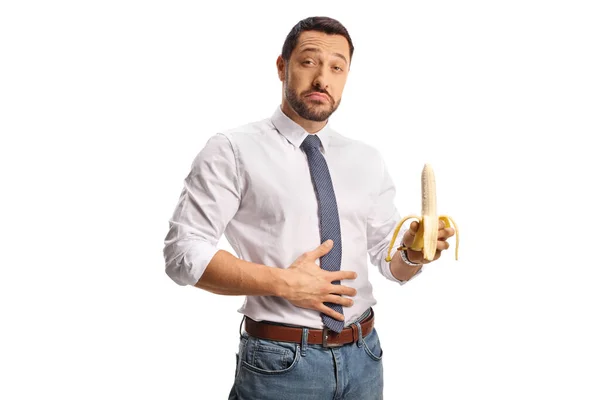 Affamato Uomo Affari Che Tiene Una Banana Isolata Sfondo Bianco — Foto Stock