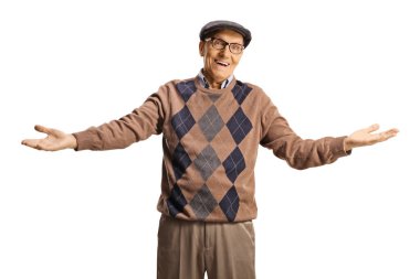 Beyaz arka planda elleri izole edilmiş gülümseyen yaşlı bir adam. 