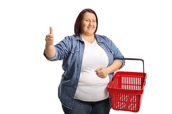 Corpulent Woman Shopping Basket Gesturing Thumbs Isolated White Background — Stock Photo, Image