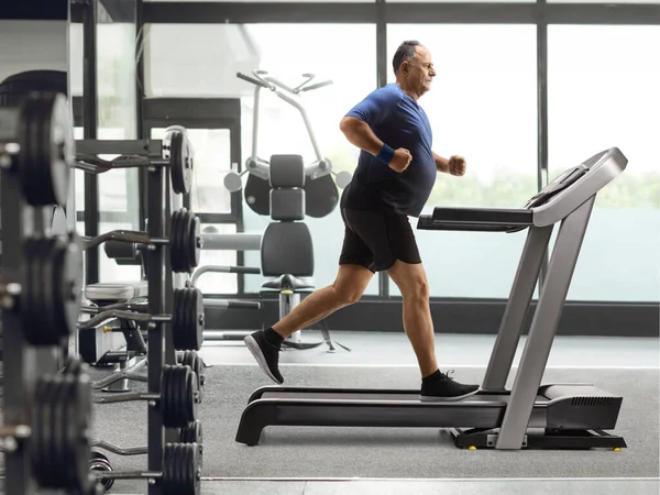 Full Length Profile Shot Mature Man Running Treadmill Gym — Stock Photo, Image