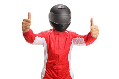 Happy male racer with a black helmet showing thumbs up isolated on white background clipart