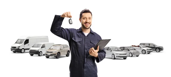 Auto Mechanic Holding Keys Car Park Isolated White Background — Stock Photo, Image