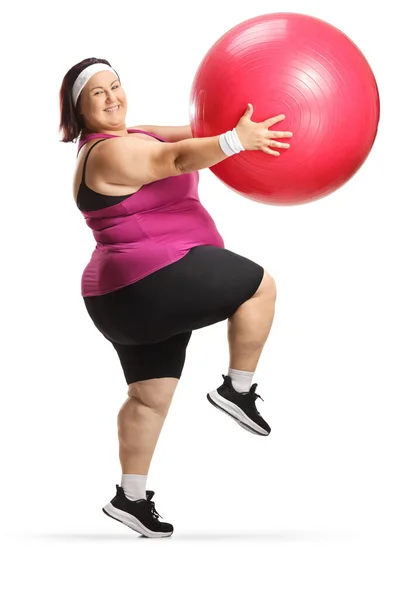 Положительный Плюс Размер Женщины Упражнения Fintess Мяч Изолирован Белом Фоне — стоковое фото