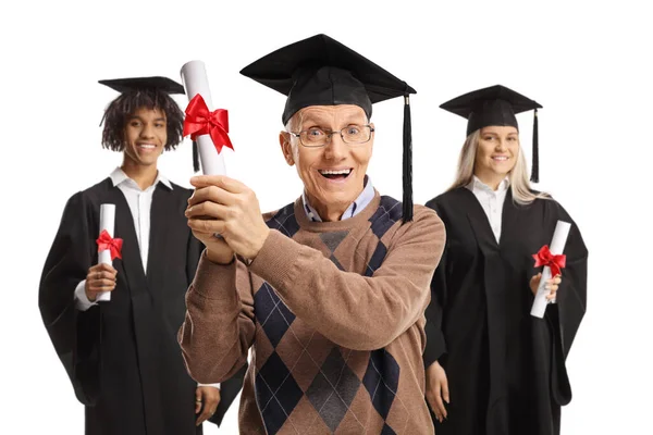 Absolventi Studentů Senior Muž Certifikáty Úsměvem Izolované Bílém Pozadí — Stock fotografie