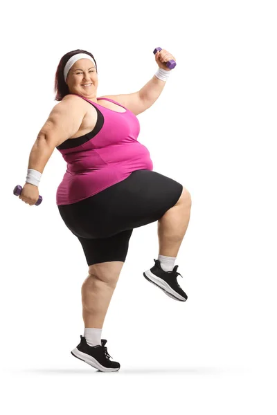 Enthousiaste Femme Surpoids Faisant Exercice Avec Des Petits Poids Isolés — Photo