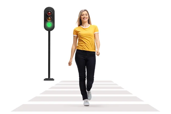 Full Length Portrait Young Woman Crossing Street Smiling Isolated White — Stock Photo, Image
