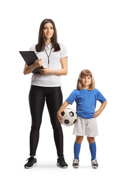 Fußballtrainerin Und Mädchen Mit Ball Posieren Isoliert Auf Weißem Hintergrund — Stockfoto