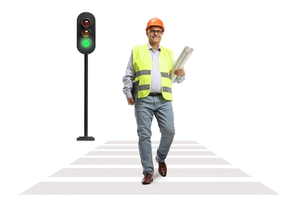 Mature Male Engineer Holding Blueprints Walking Pedestrian Crosswalk Isolated White — Stock Photo, Image