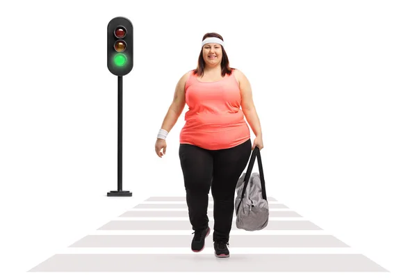 Full Length Portrait Overweight Woman Sports Bag Walking Pedestrian Crosswalk — Stock Photo, Image