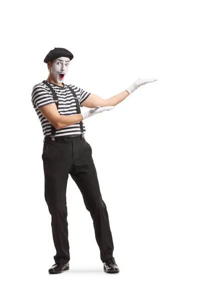 Full Length Portrait Mime Presenting Isolated White Background — Stock Photo, Image