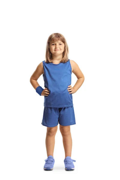 Ganzkörperporträt Eines Mädchens Mit Blauem Basketballtrikot Auf Weißem Hintergrund — Stockfoto