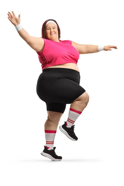 白い背景で孤立した運動する陽気な太りすぎの女性 — ストック写真