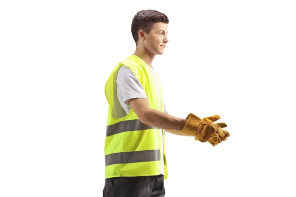 Afvalinzamelaar Uniform Handschoenen Geïsoleerd Witte Achtergrond — Stockfoto