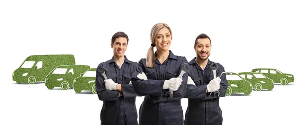 Team Van Een Vrouwelijke Mannelijke Monteur Met Werktuigen Voor Groene — Stockfoto