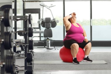 Spor salonunda ince bir topta oturan aşırı kilolu bir kadın.
