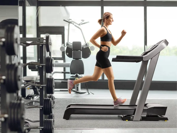 Profile Shot Fit Strong Woman Running Treadmill Gym — Stock Photo, Image