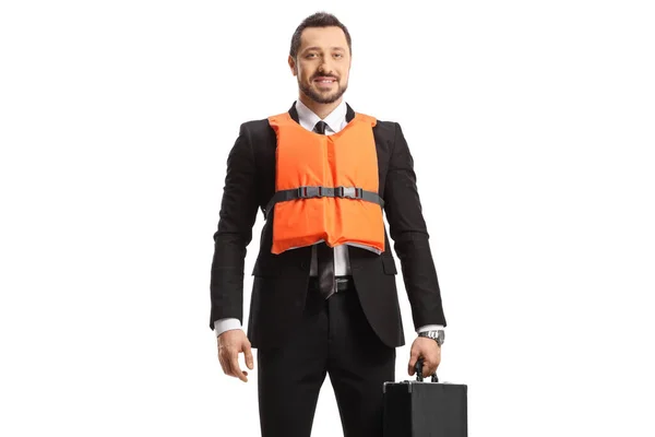 Businessman Wearing Life Vest Isolated White Background — Stock Photo, Image