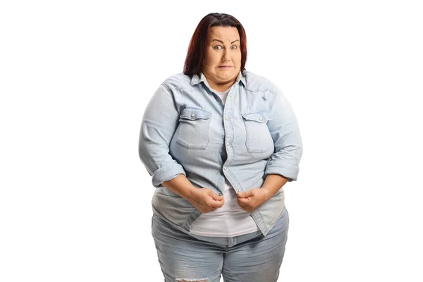 Overweight Woman Putting Small Shirt Isolated White Background — Stock Photo, Image