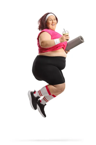 Foto Perfil Completo Una Mujer Feliz Con Sobrepeso Sosteniendo Una —  Fotos de Stock