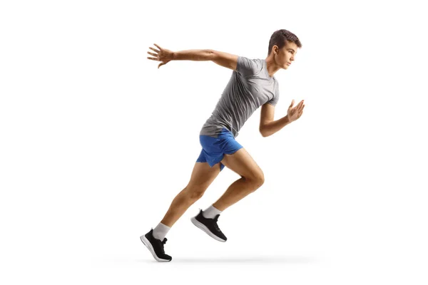 Full Length Profile Shot Fit Male Teenager Running Isolated White — Stock Photo, Image
