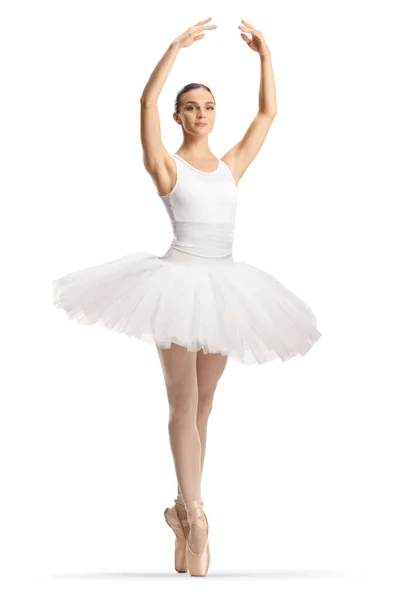 白いチュートゥのドレスでバレリーナ 白い背景に隔離された腕で踊る — ストック写真