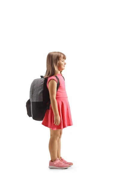 Vollständige Profilaufnahme Eines Mädchens Einem Kleid Und Einem Schulrucksack Isoliert — Stockfoto