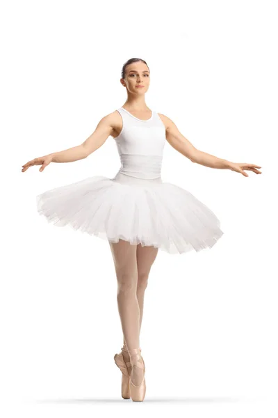 身着白色燕尾服的芭蕾舞女与白色背景隔离跳舞 — 图库照片