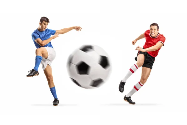 Voetbalspelers Van Verschillende Teams Rennen Naar Een Bal Geïsoleerd Witte — Stockfoto