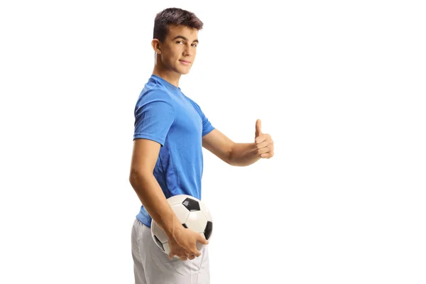 Young Football Player Holding Ball Gesturing Thumbs Isolated White Background — Stock Photo, Image
