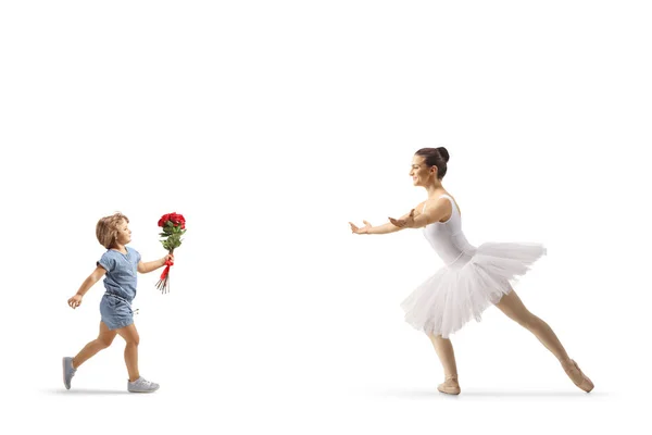 Full Length Profile Shot Girl Flowers Running Ballerina White Tutu — Zdjęcie stockowe
