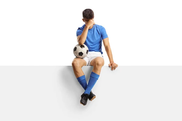 Disappointed Football Player Sitting Blank Panel Isolated White Background — Stock Photo, Image