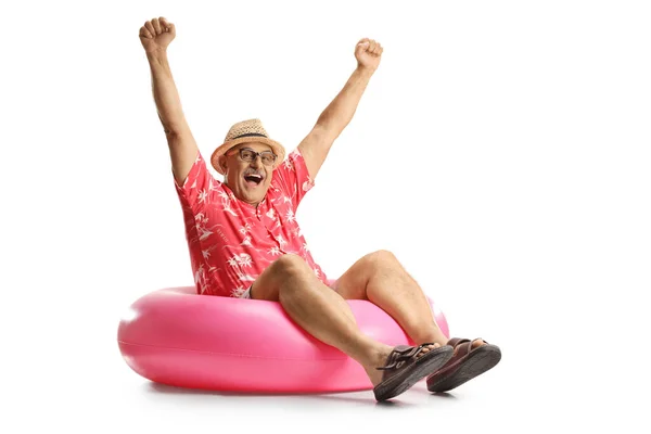 Mature Man Sitting Big Swimming Rubber Ring Gesturing Happiness Isolated — Stock Photo, Image