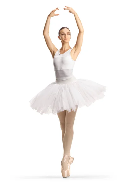 白いチュートゥのドレスダンスでバレリーナのフル長さのプロフィールショットは 白い背景に隔離された腕で踊ります — ストック写真