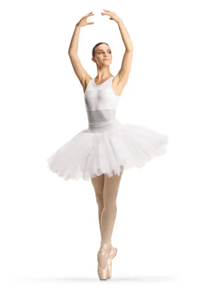 身着白衣的芭蕾舞演员在白色背景下手挽手翩翩起舞的全身像 — 图库照片