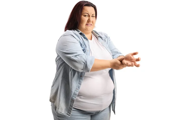 Overweight Woman Holding Painful Wrist Isolated White Background — Stock Photo, Image