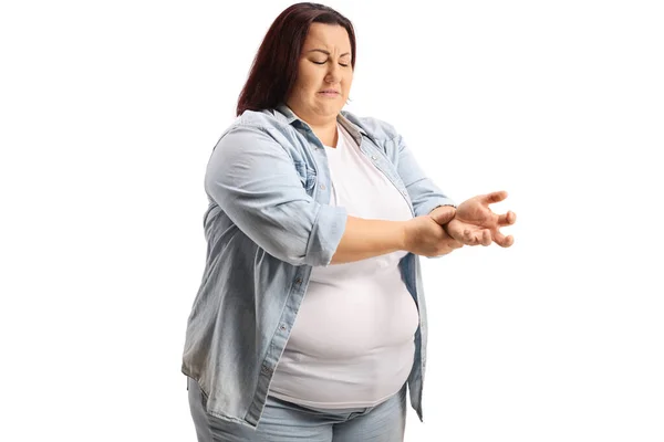Overweight Woman Measuring Pulse Hand Wrist Isolated White Background — Stock Photo, Image