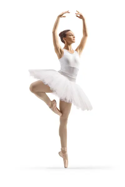 白い背景に隔離された腕で踊る白いドレスでバレエダンサーの全長のプロフィールショット — ストック写真