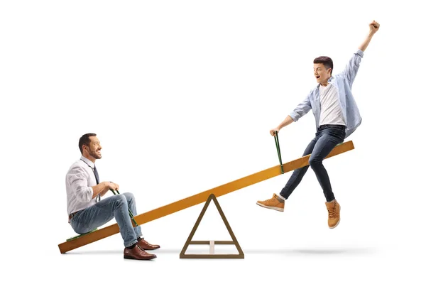 Businessman Young Guy Playing Seesaw Isolated White Background — Stock Photo, Image