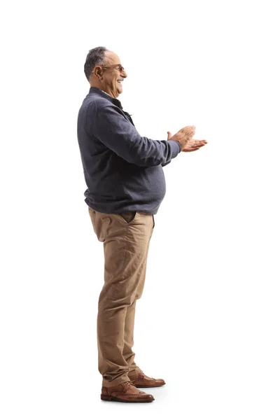 Plan Profil Pleine Longueur Homme Mature Heureux Applaudissant Avec Les — Photo