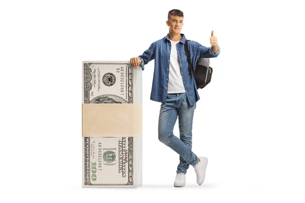 Erkek Öğrenci Amerikan Banknotlarına Yaslanıyor Beyaz Arka Planda Izole Edilmiş — Stok fotoğraf